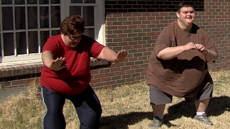 Justin and his mother working out together